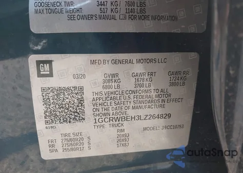 2020 Chevrolet Silverado 1500 2Wd Standard Bed Custom z USA, uszkodzony, nr VIN 1GCRWBEH3LZ264829